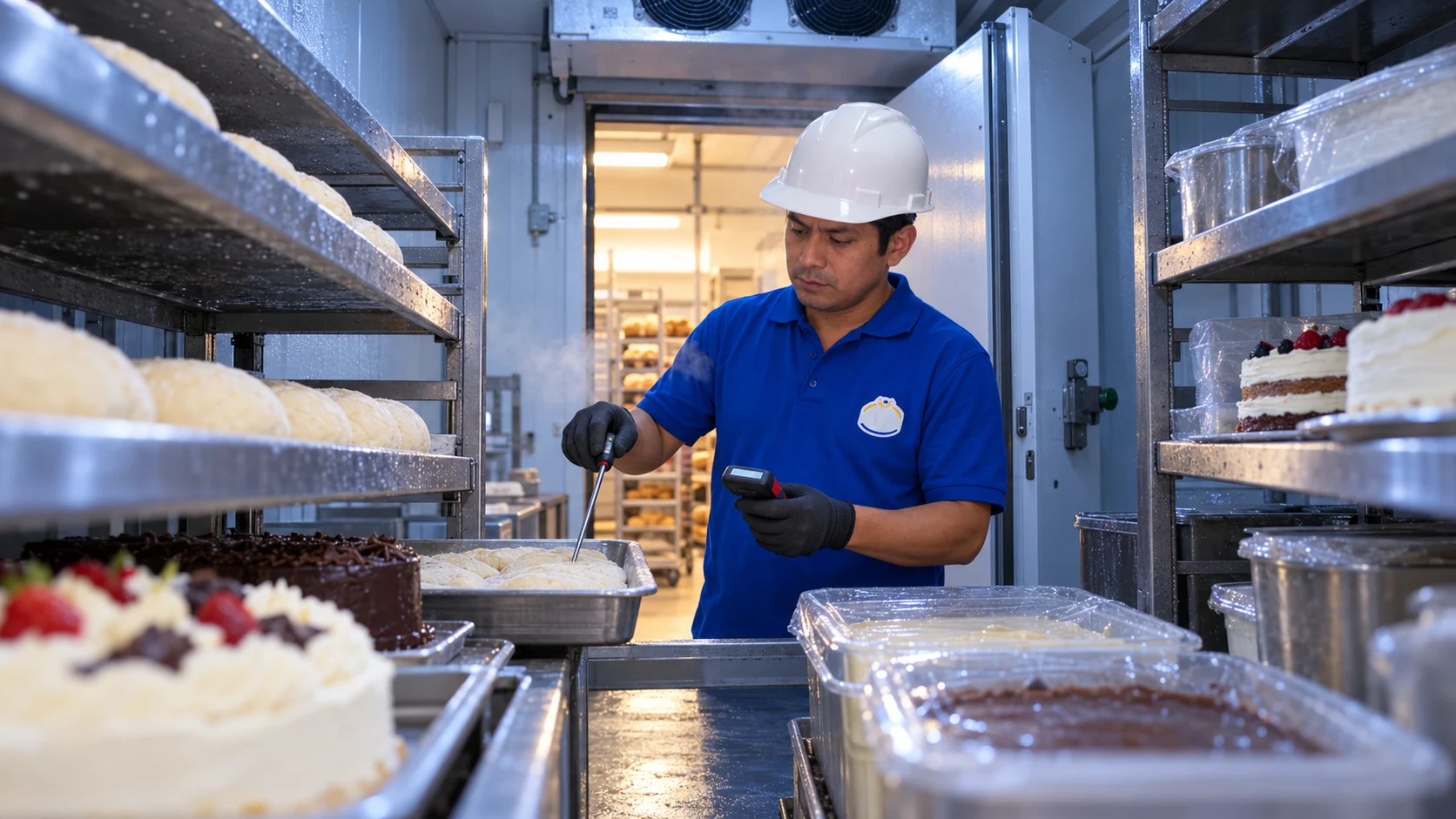 Técnico de Man Pan midiendo la temperatura de masas y tortas dentro de la cámara frigorífica de una panadería