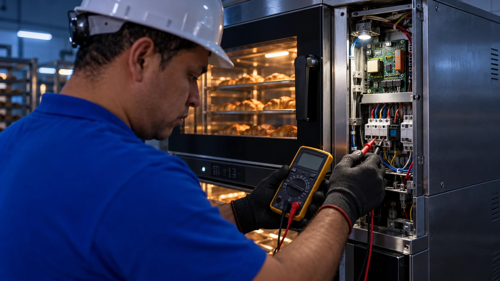 Técnico de Man Pan midiendo con un multímetro el tablero eléctrico de un horno de convección Salva durante un diagnóstico