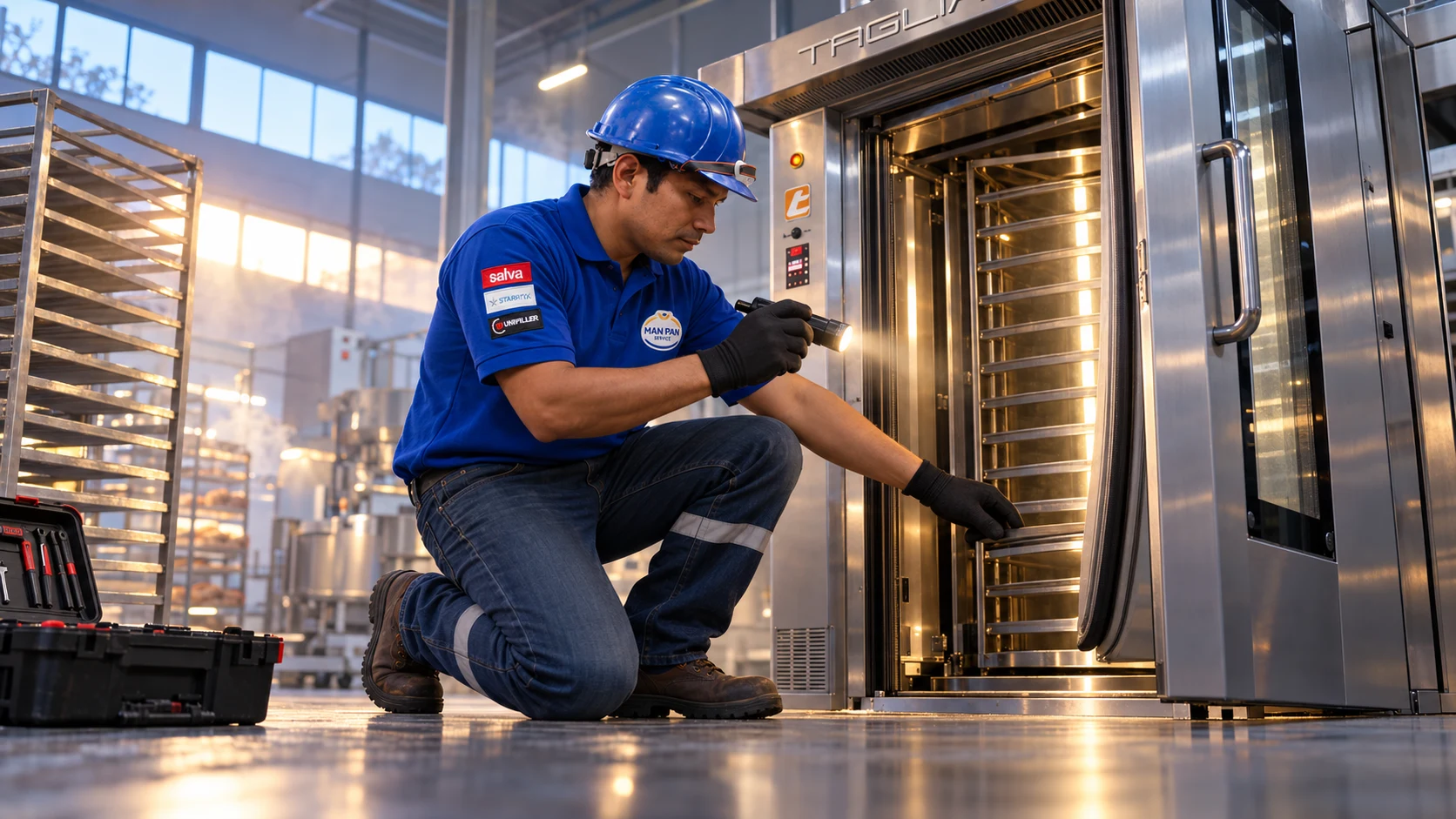 Técnico de Man Pan revisando con linterna el empaque de la puerta de un horno rotativo Tagliavini al amanecer