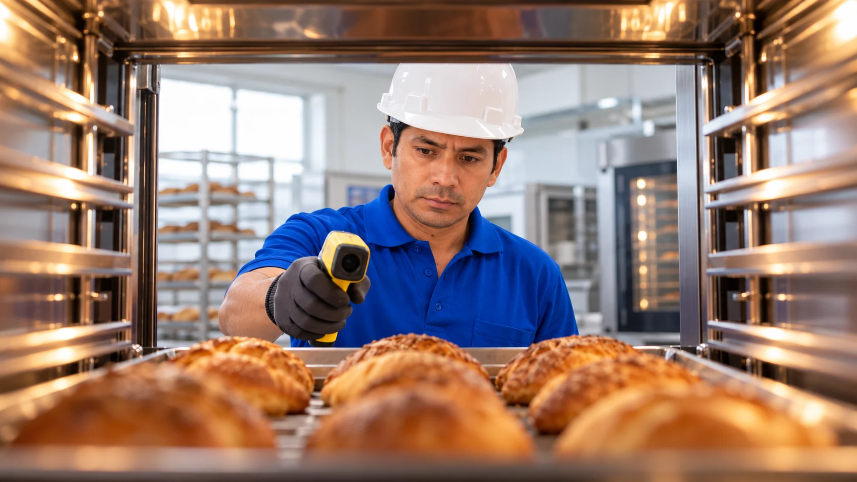 Técnico de Man Pan midiendo la temperatura de las bandejas de un horno de convección para comprobar la uniformidad de cocción